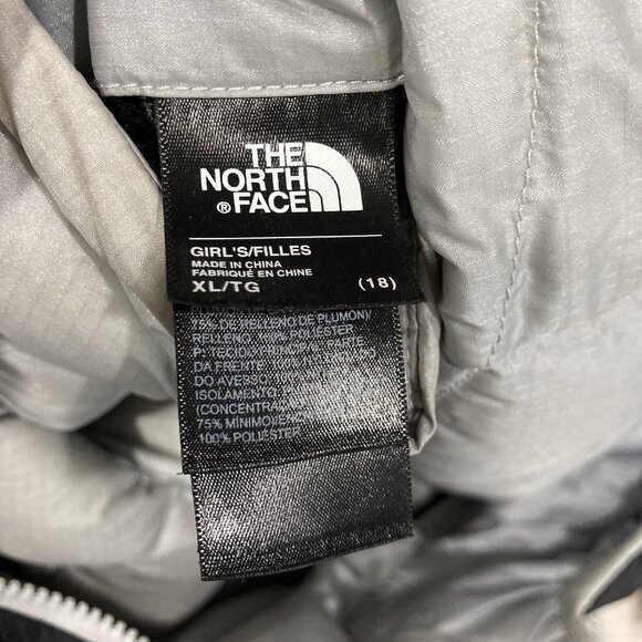 North Face Puffer Jacket Coat Girls XL 18 Black Gray Down Reversible Zip Hooded - Picture 9 of 11